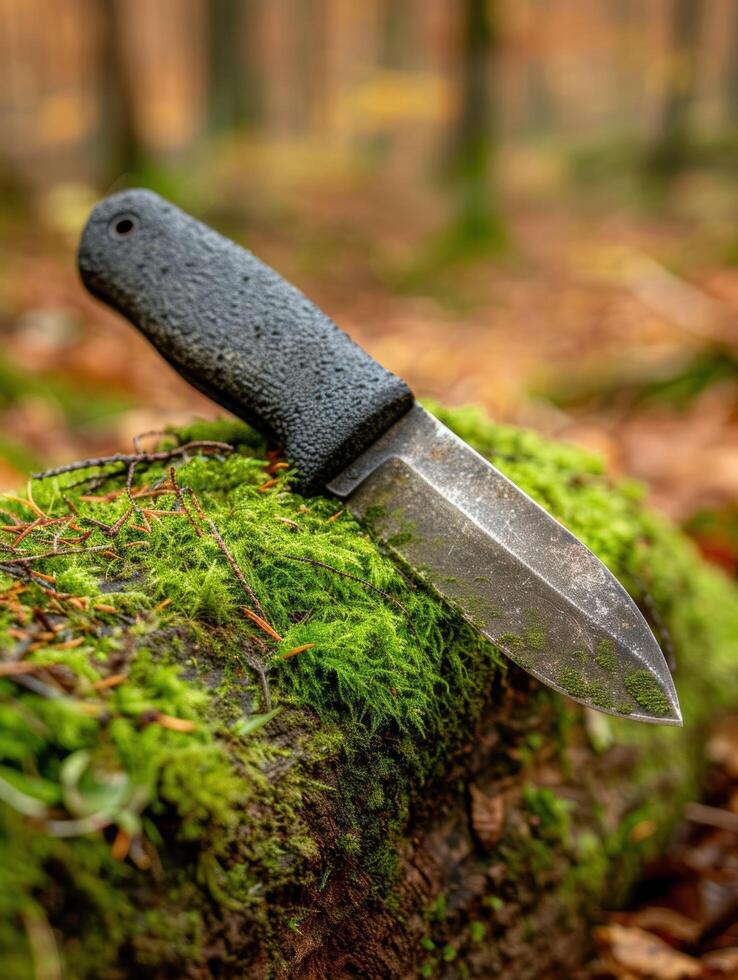 Rugged survival knife on moss covered log photo