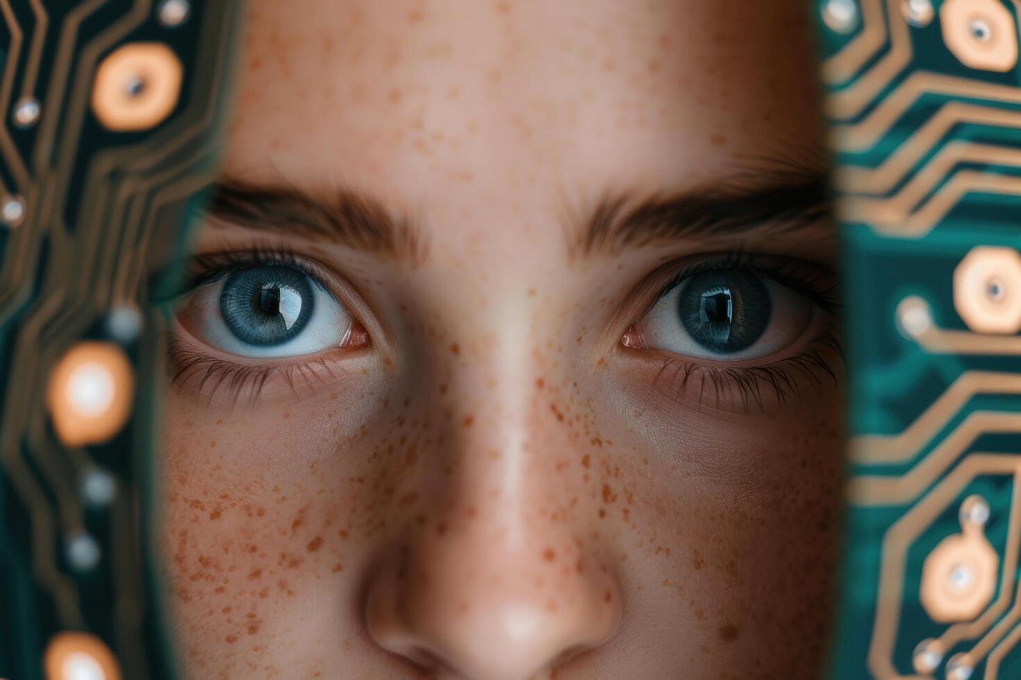 close up of a persons face with freckles and blue eyes photo