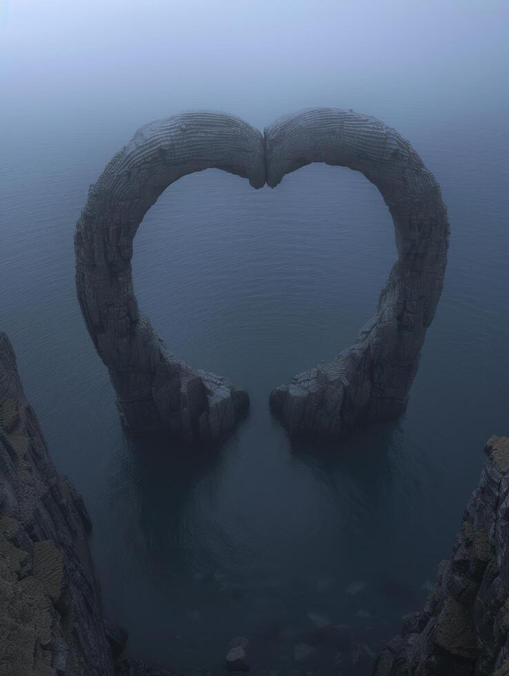 heart shaped rock formation in misty lake photo
