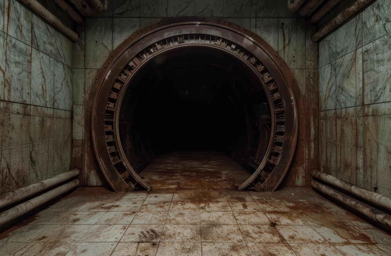 Mysterious dark tunnel with metal archway photo