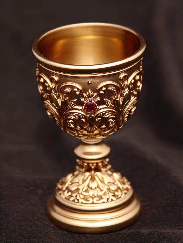 Ornate golden chalice with ruby gemstone photo