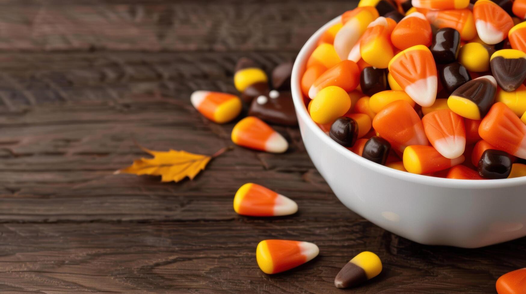 Assorted colorful candy corn on wooden table photo