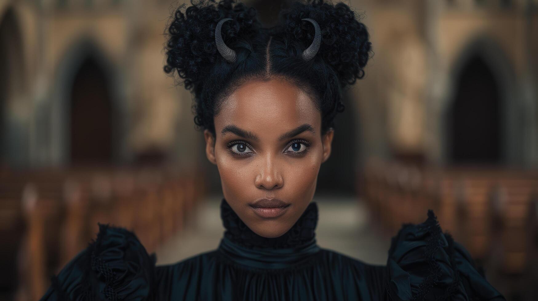 Mysterious woman with horns in dark outfit photo