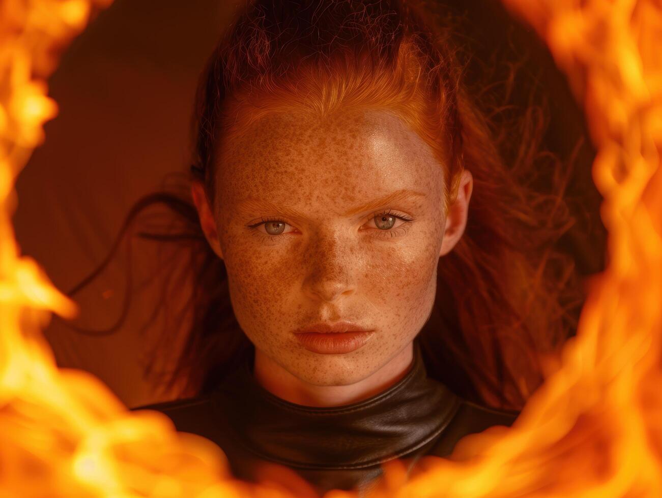 Intense gaze of a young woman with fiery hair and freckles photo