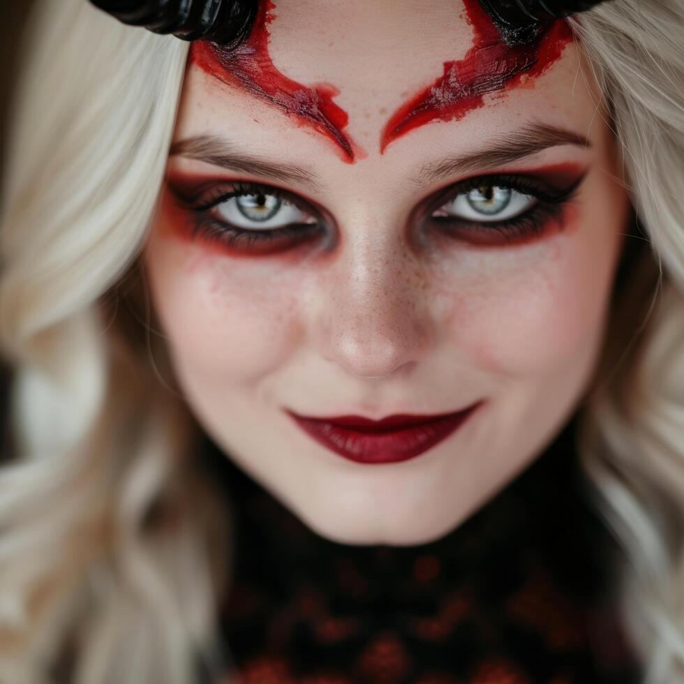 Dramatic makeup portrait of a woman with red and black face paint photo