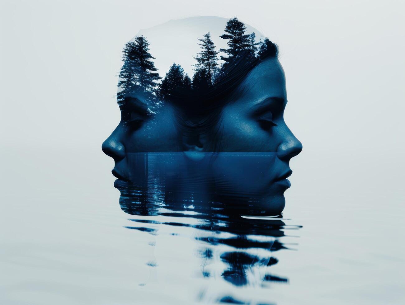 Surreal double exposure portrait with forest reflection photo