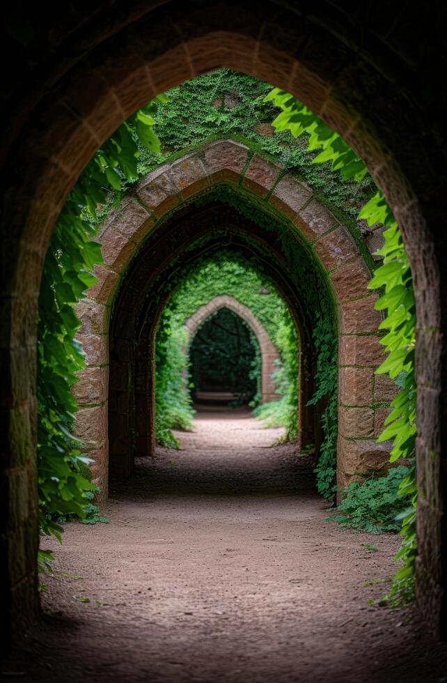 Enchanting stone archway surrounded by lush greenery photo