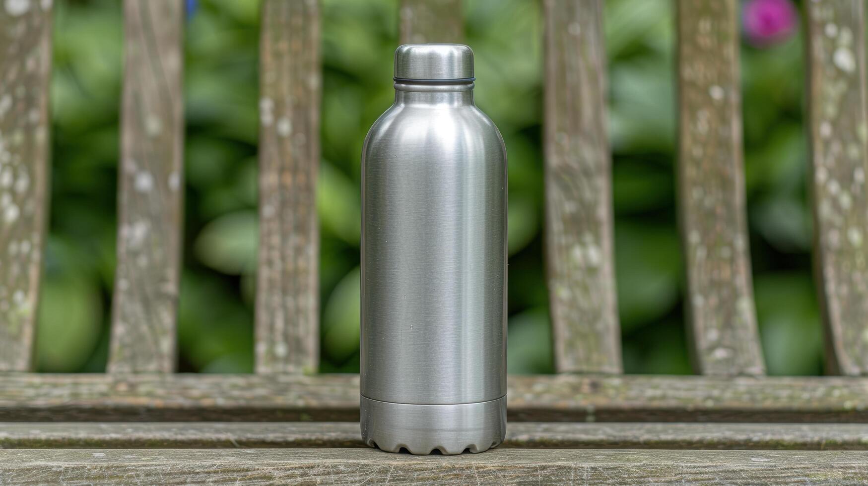 stainless steel water bottle on wooden fence photo