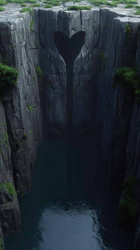 Mysterious heart shaped chasm in rocky cliffs photo