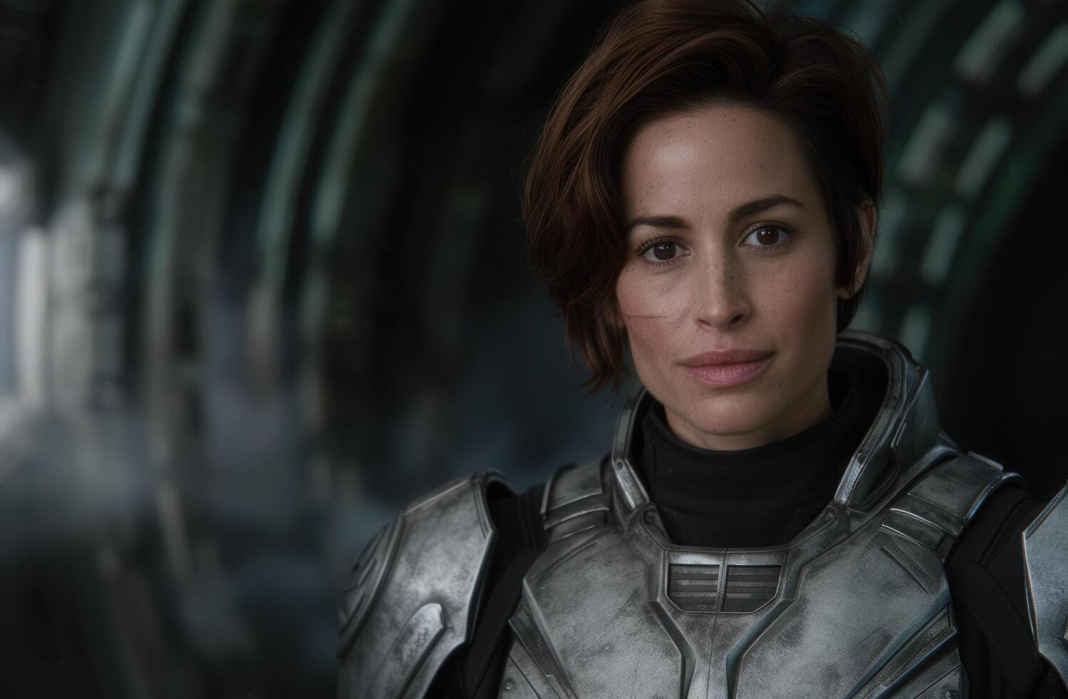 Serious woman in futuristic armor photo