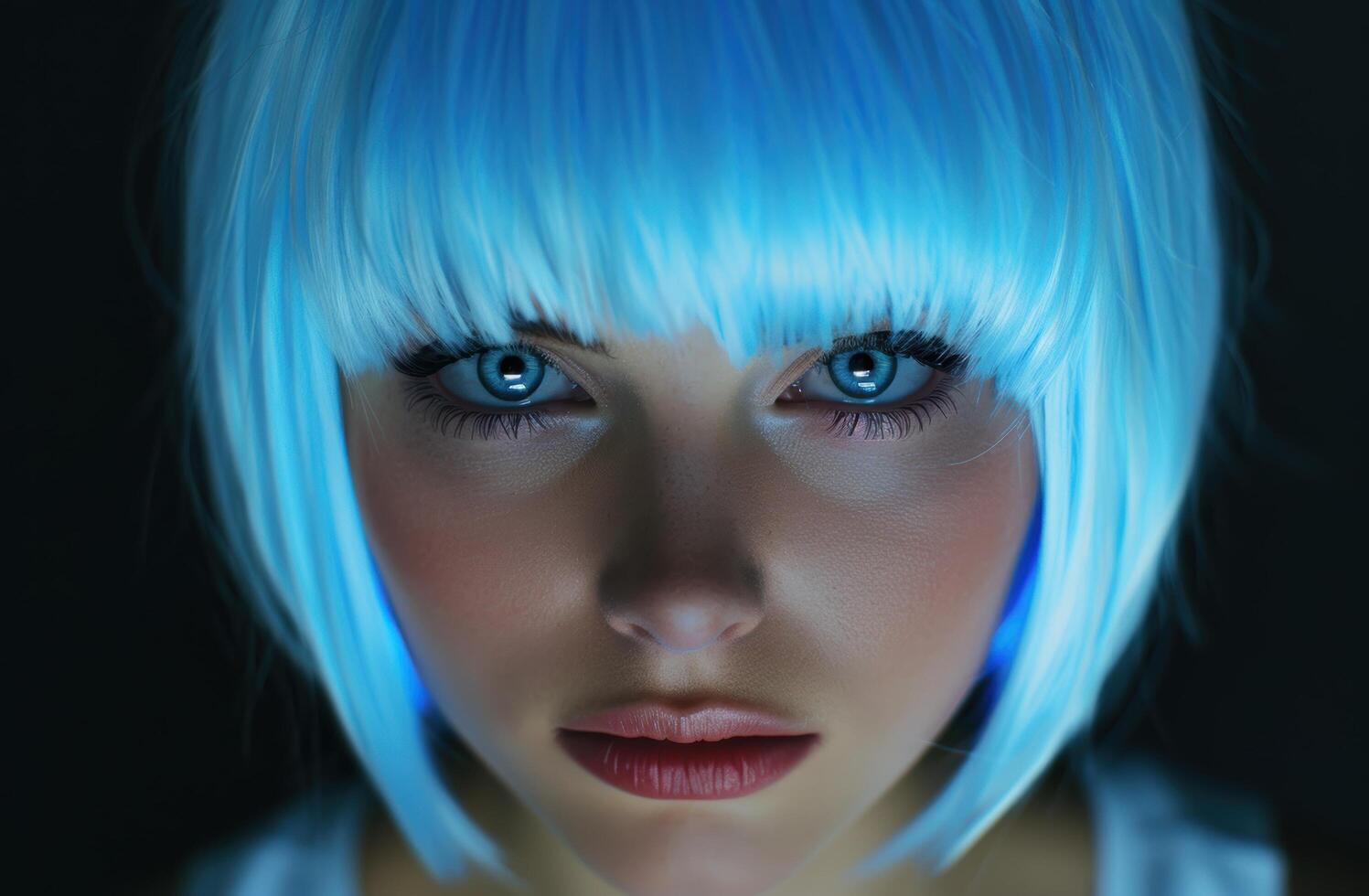 Striking blue haired woman with intense gaze photo