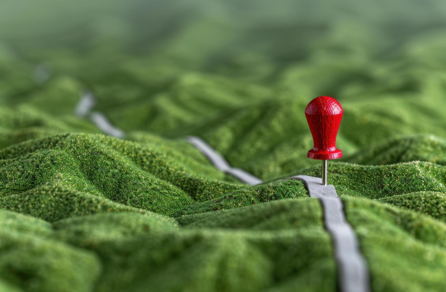 Red push pin on moss covered landscape photo