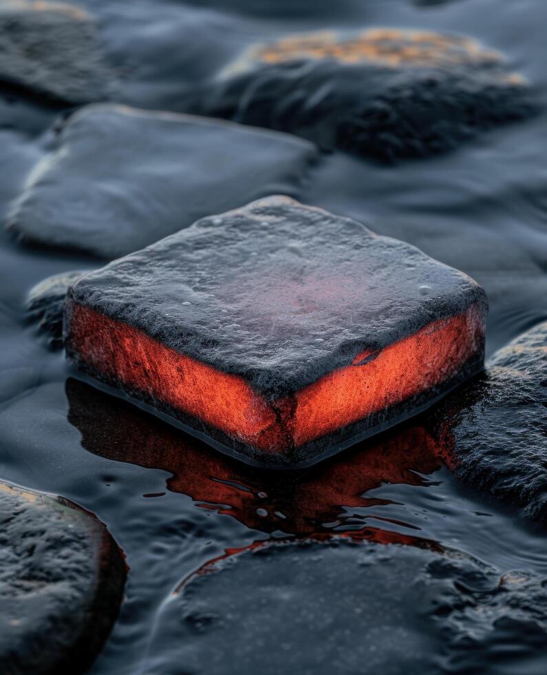 Glowing rock in flowing water photo