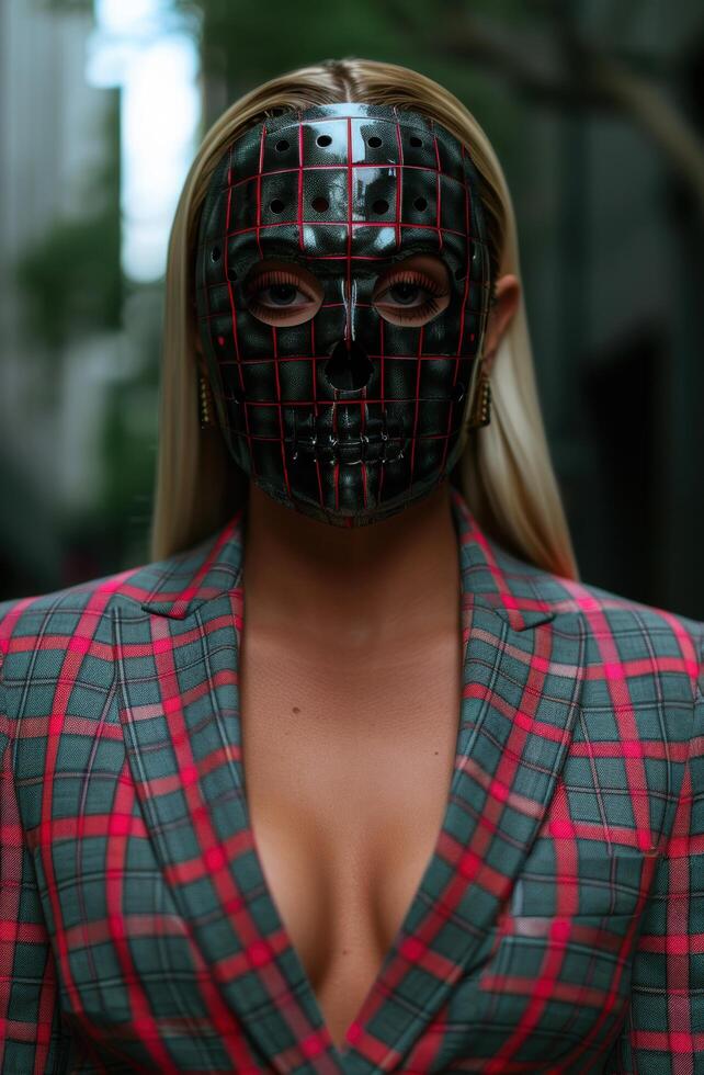 woman wearing a protective mask with a grid pattern photo