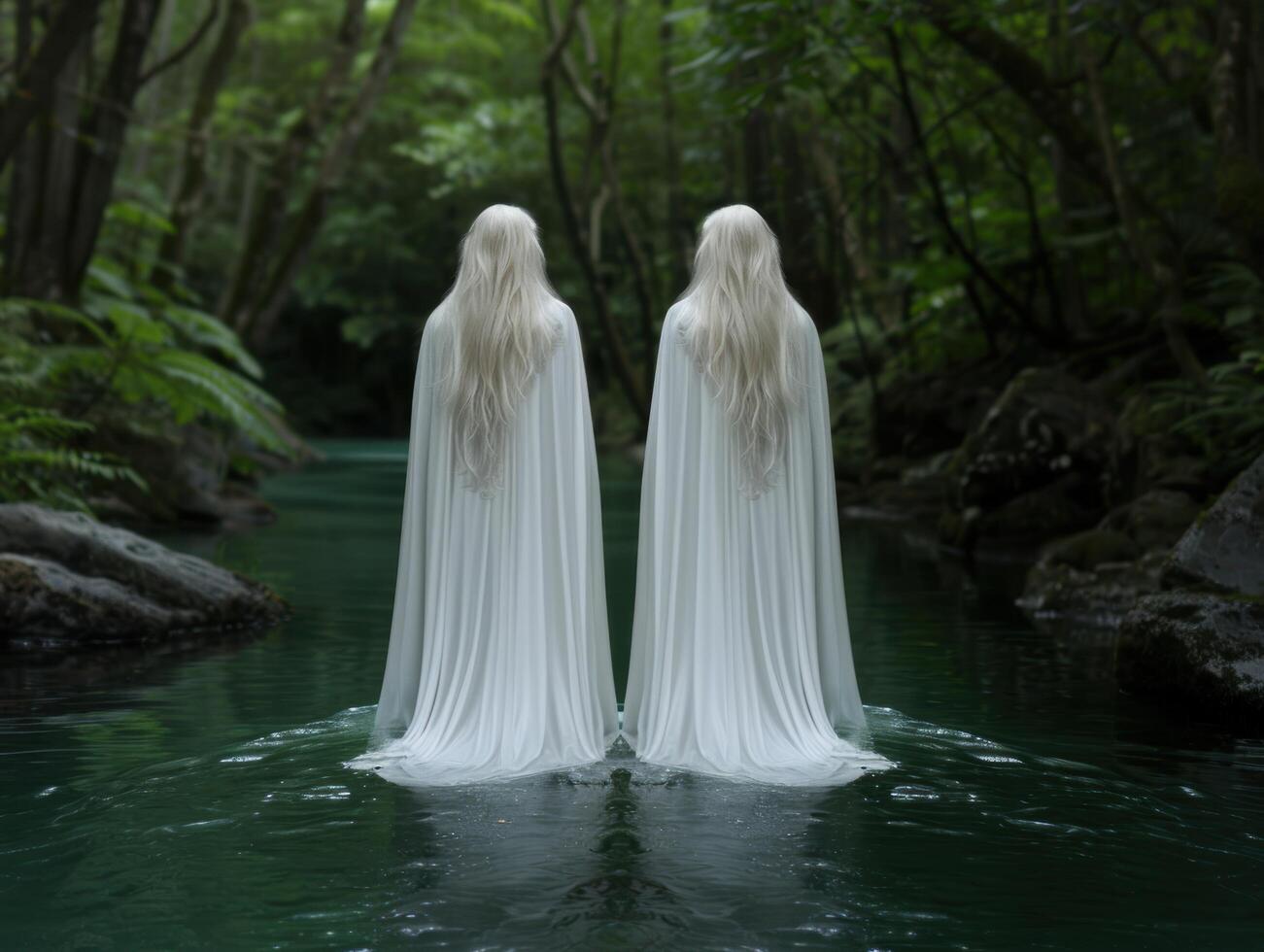 Mysterious ghostly figures in a serene forest landscape photo