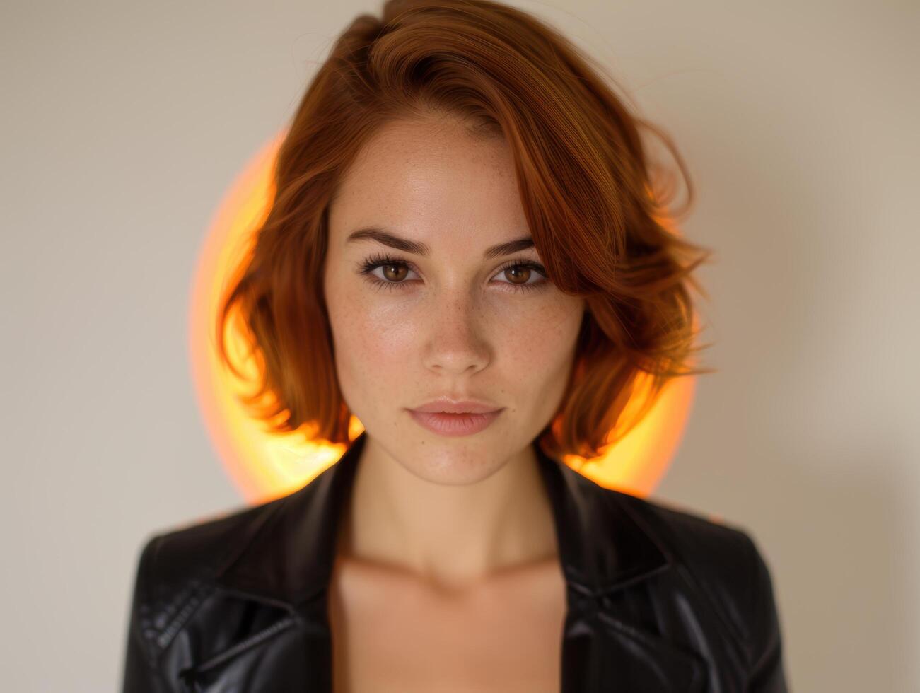 Confident woman with red hair and bold makeup photo