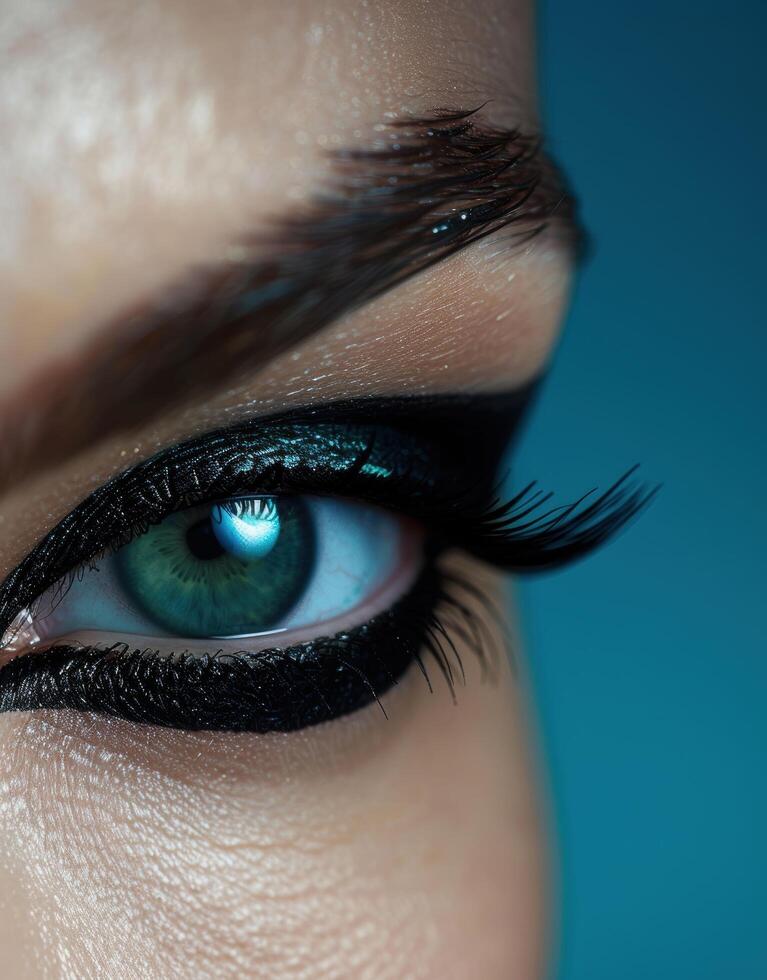 Captivating close up of a vibrant green eye with dramatic makeup photo