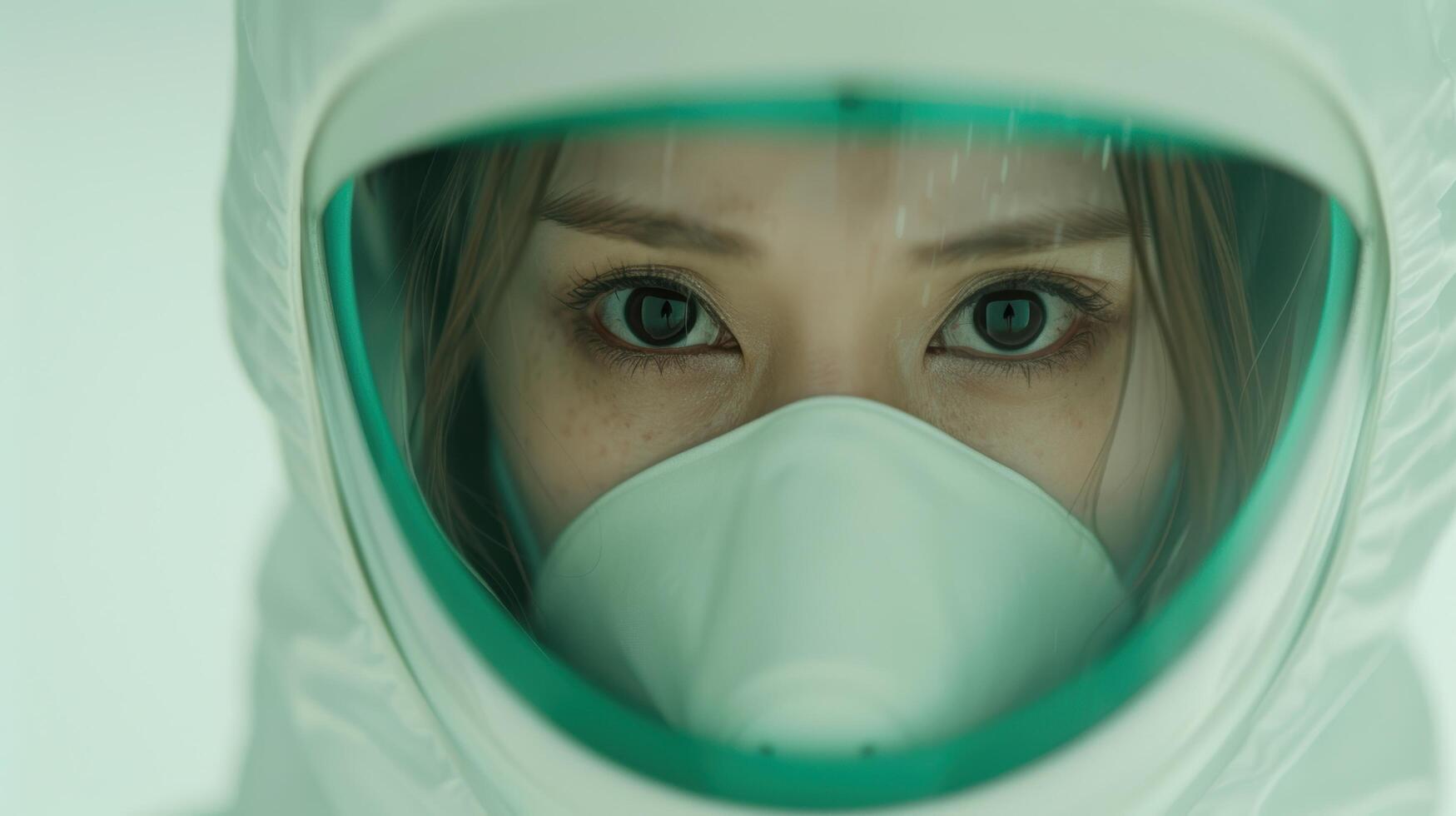 close up of person wearing protective medical mask photo