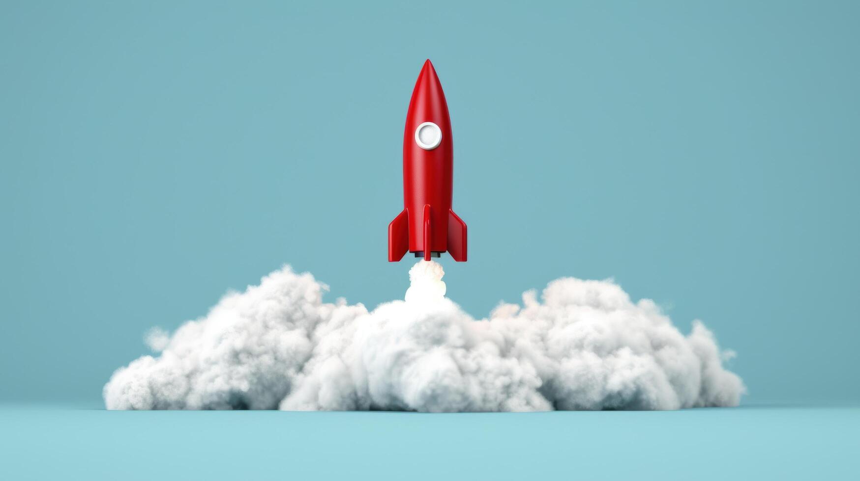 red rocket ship blasting off into the clouds photo