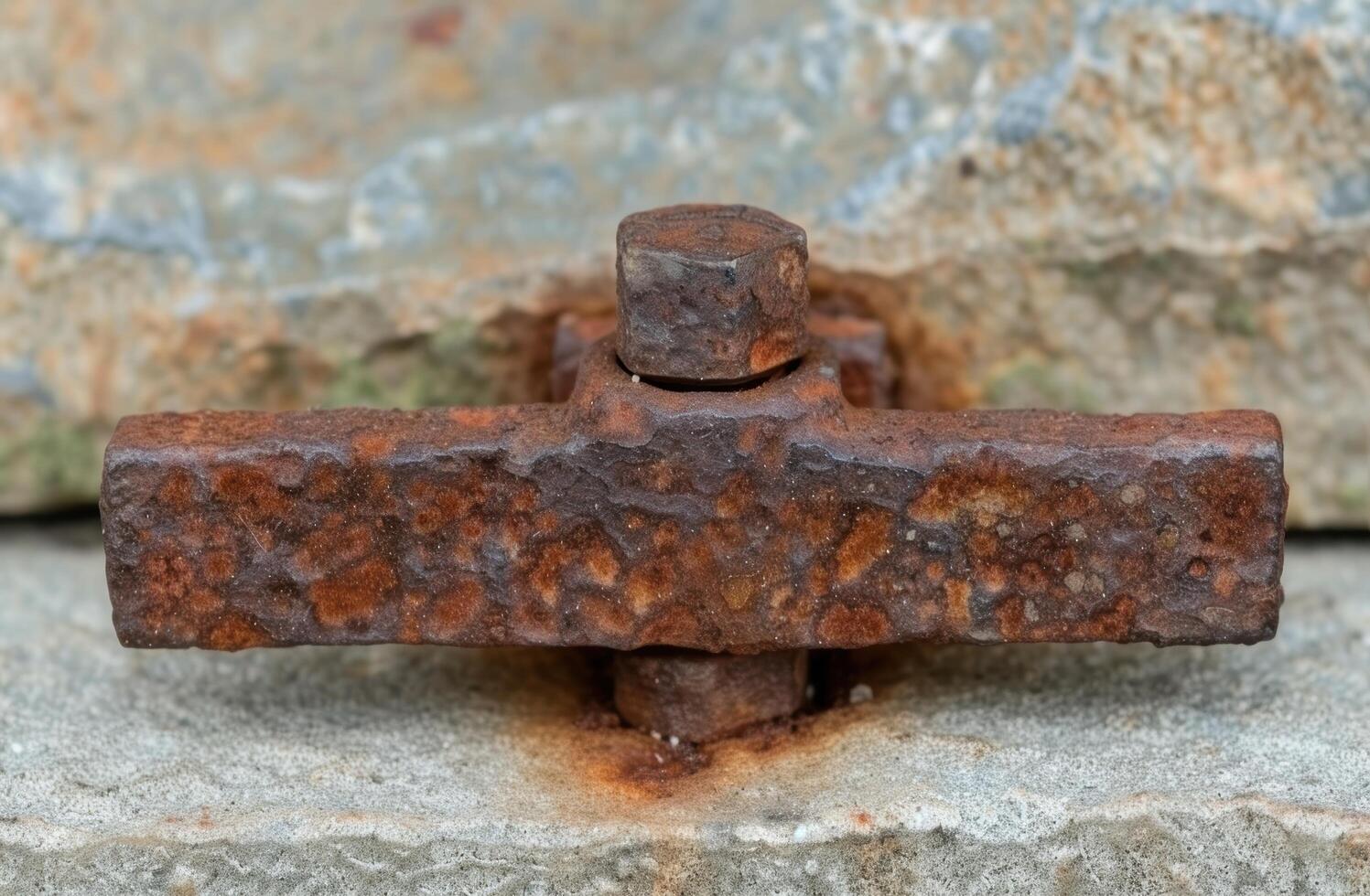 Rusty metal bolt and nut on a concrete surface photo