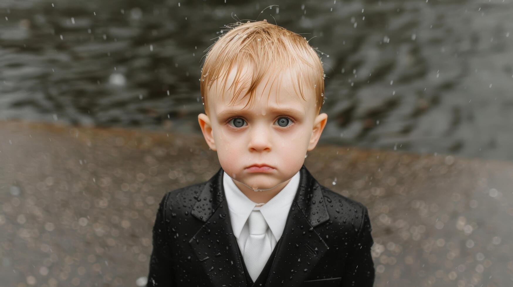 Serious young boy in suit standing in the snow photo