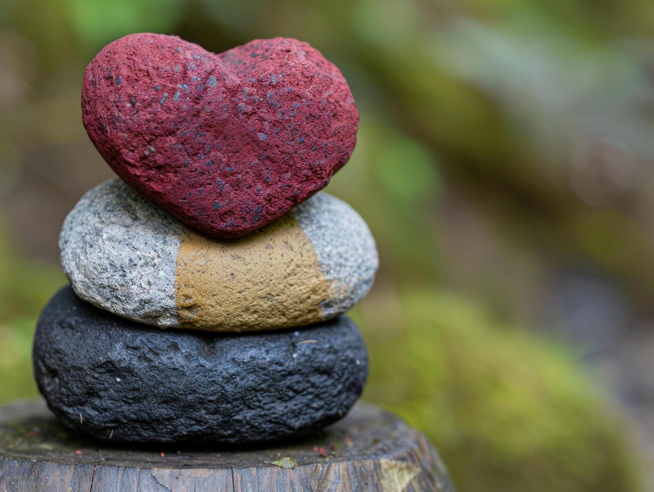 heart shaped rock stack on wooden stump photo