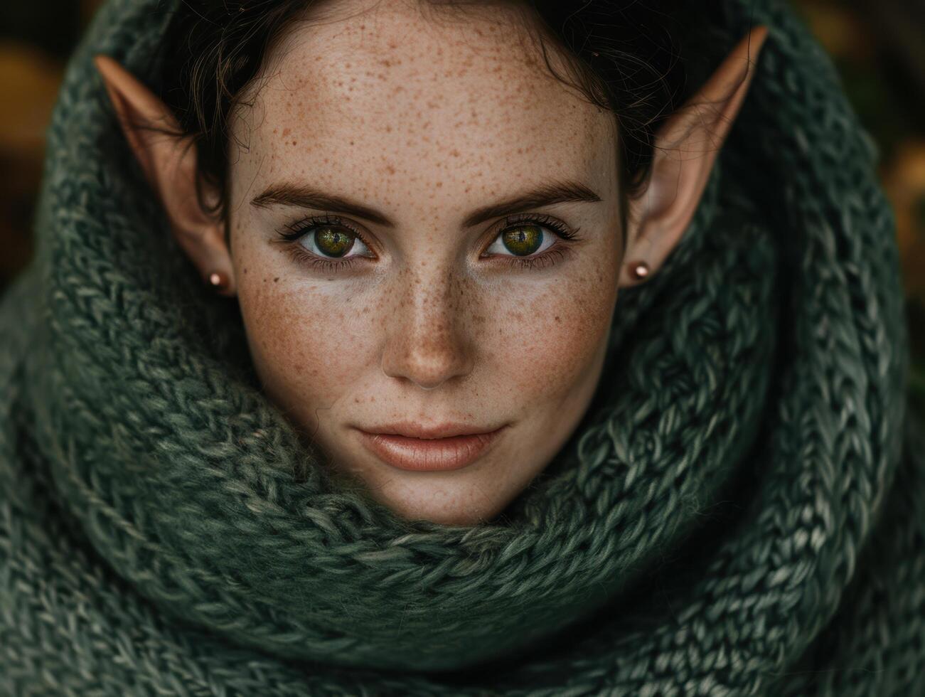 Captivating portrait of a young woman with striking green eyes and freckles photo