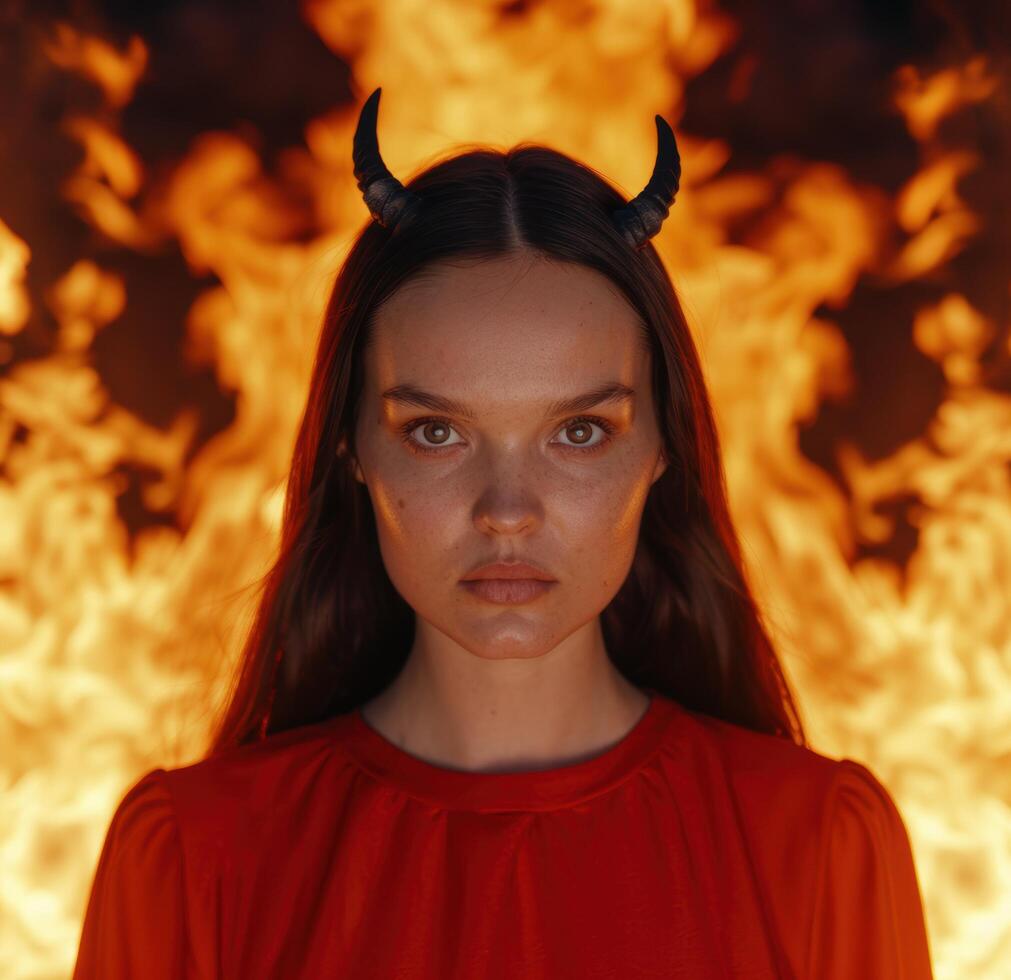 Intense female figure with devil horns against fiery background photo