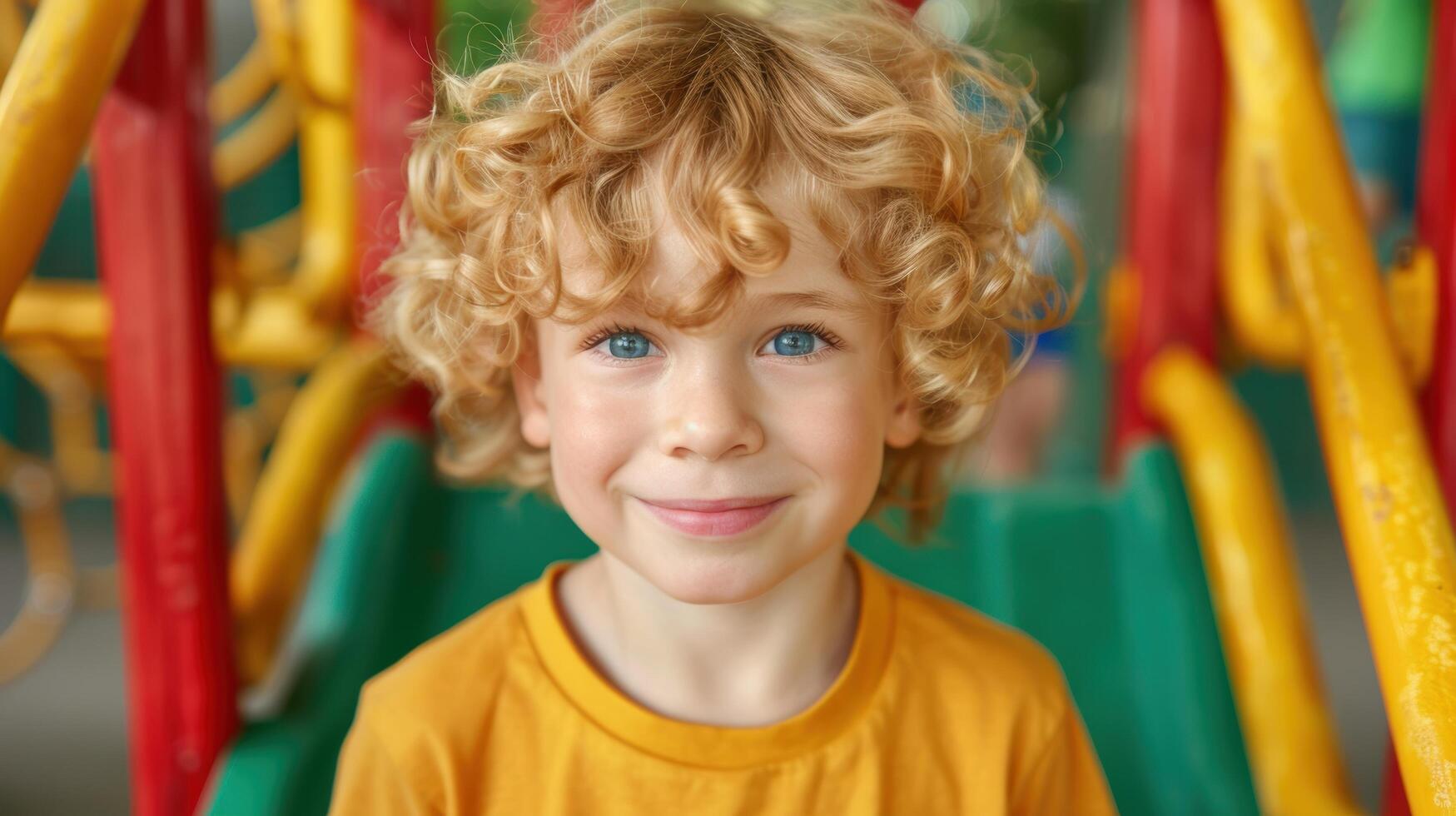smiling child with curly blonde hair photo