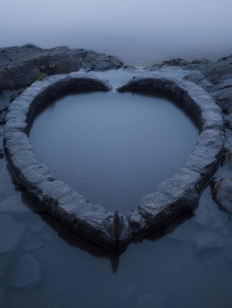 heart shaped rock pool in moody, misty landscape photo