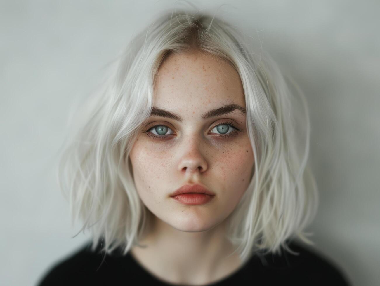 Captivating portrait of a young woman with striking blue eyes and platinum blonde hair photo