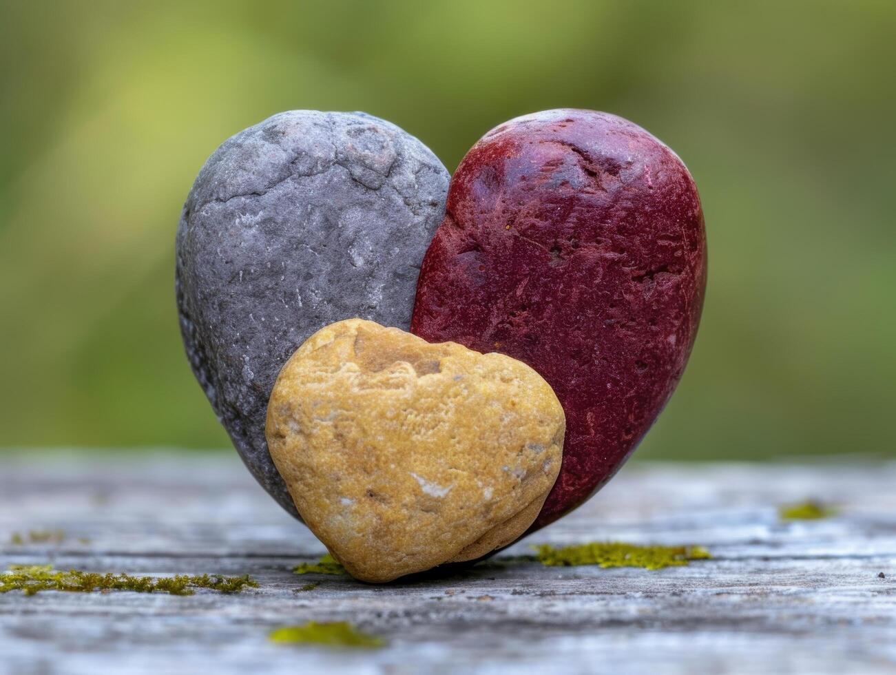 Colorful heart shaped stones on wooden surface photo