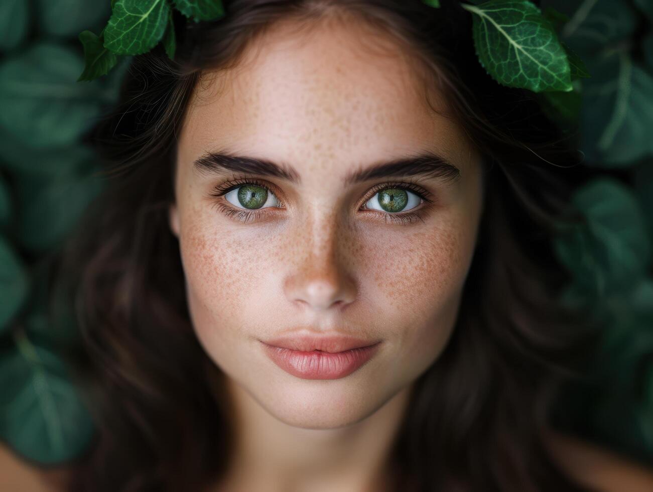 Captivating portrait of a young woman with striking green eyes photo