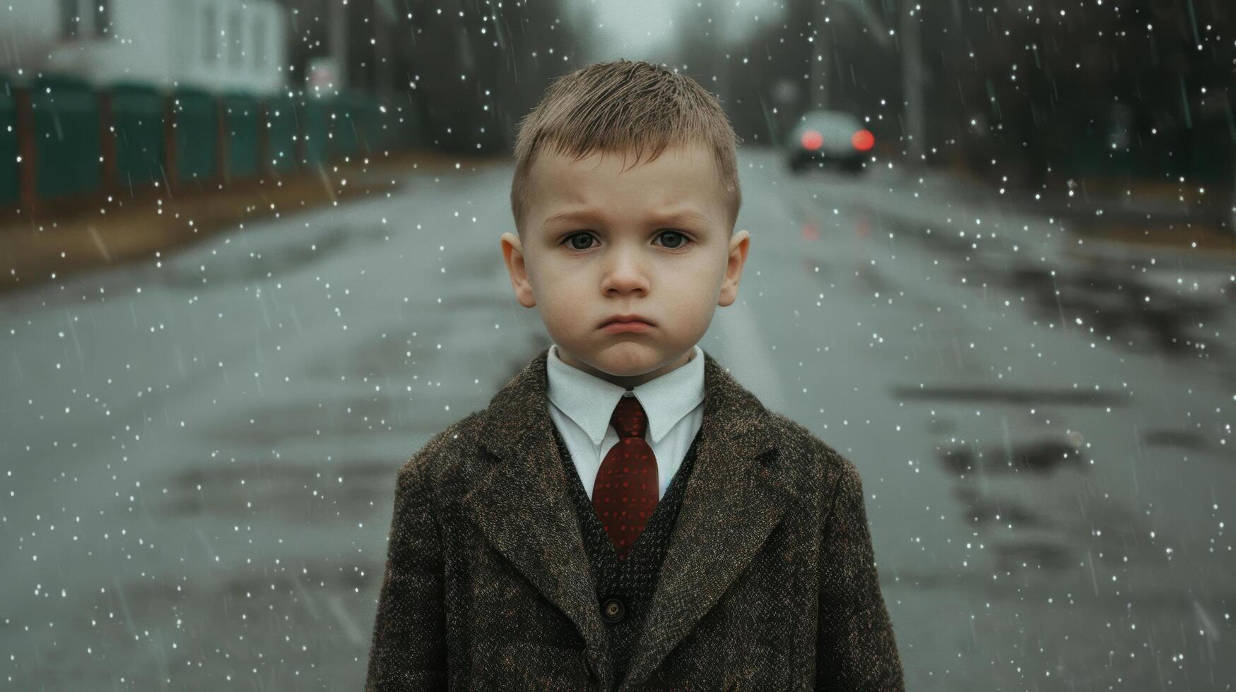 Serious young boy in winter coat and tie standing in snowy street photo