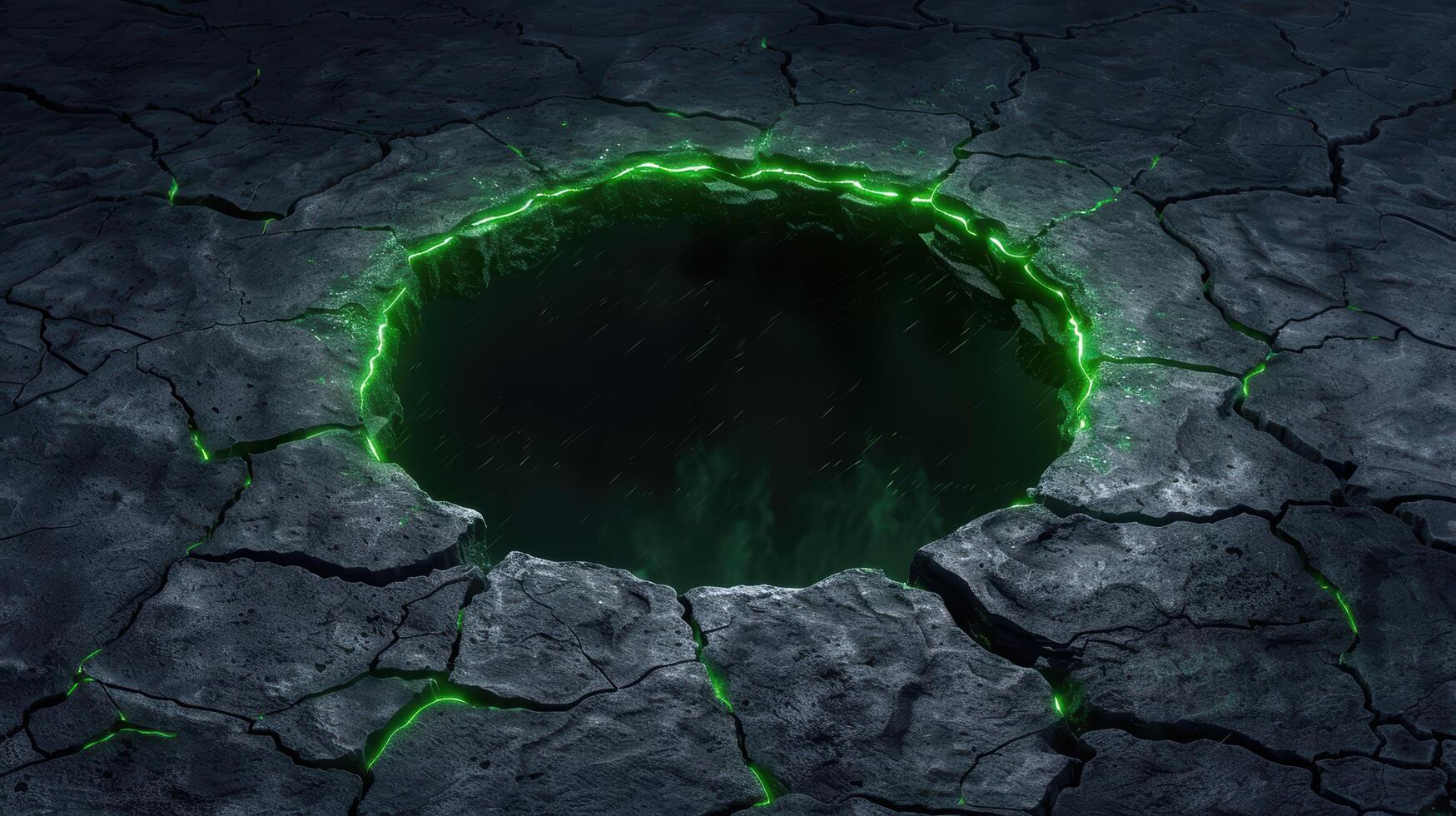 Glowing green portal in cracked rock surface photo