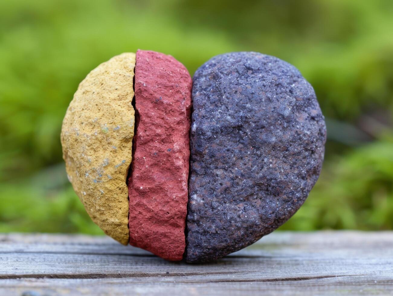 Colorful heart shaped stones on wooden surface photo