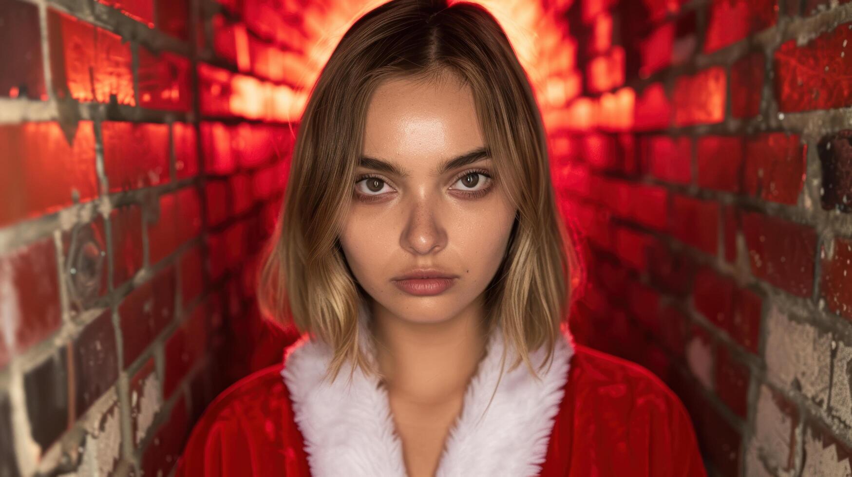 young woman in red fur trimmed coat photo