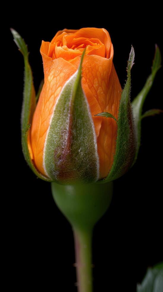 Vibrant orange rose bud against dark background photo