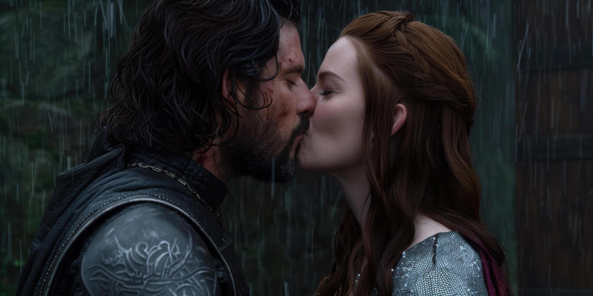 passionate couple kissing in the rain photo