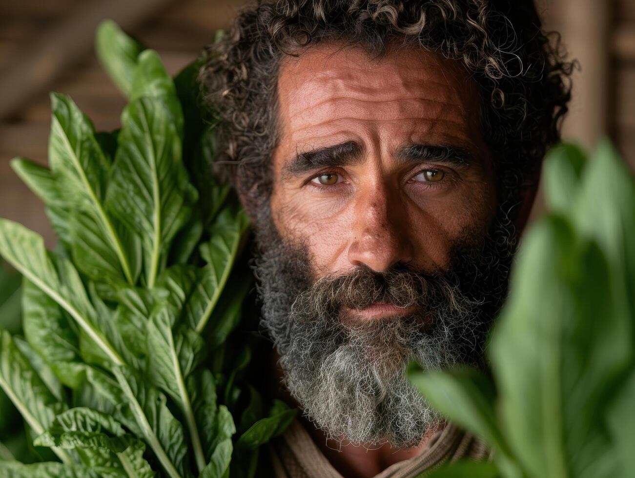 Bearded man holding fresh green leaves photo