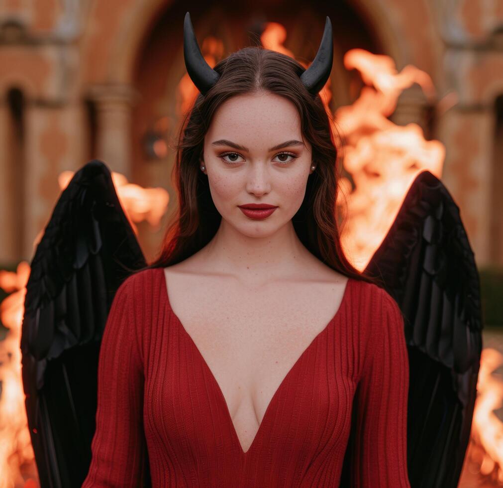 Alluring woman in red dress with devil horns photo