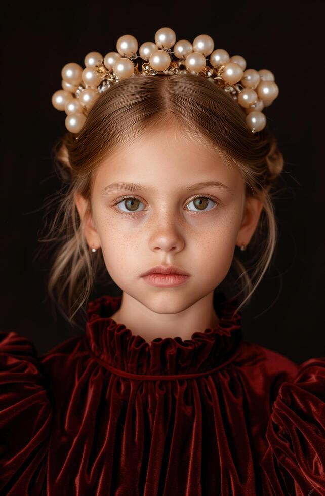 young girl in red dress with pearl crown photo