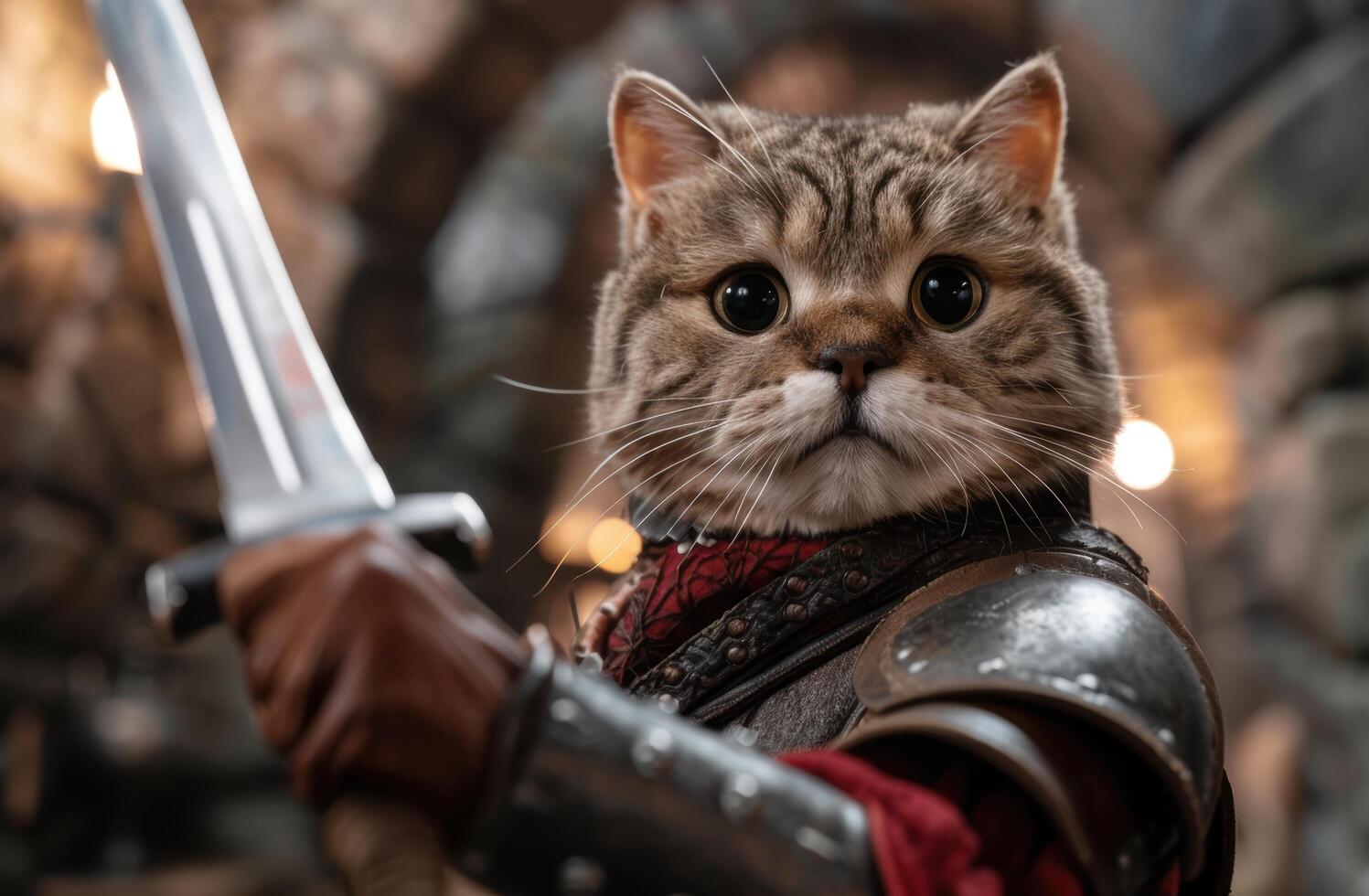 Adorable cat warrior with sword photo