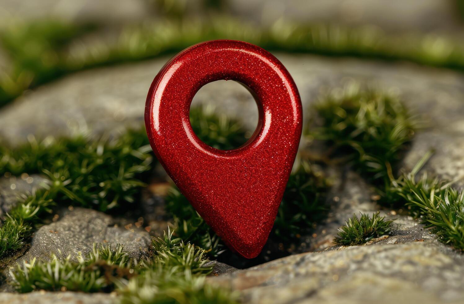 Glittering red map pin in nature photo