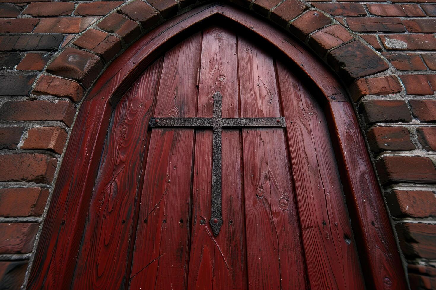 Ornate wooden church door with cross photo