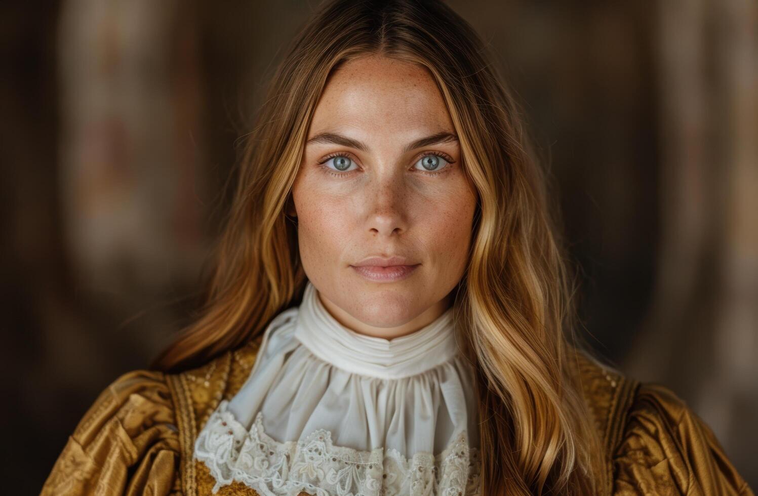 Portrait of a thoughtful young woman in a golden dress photo