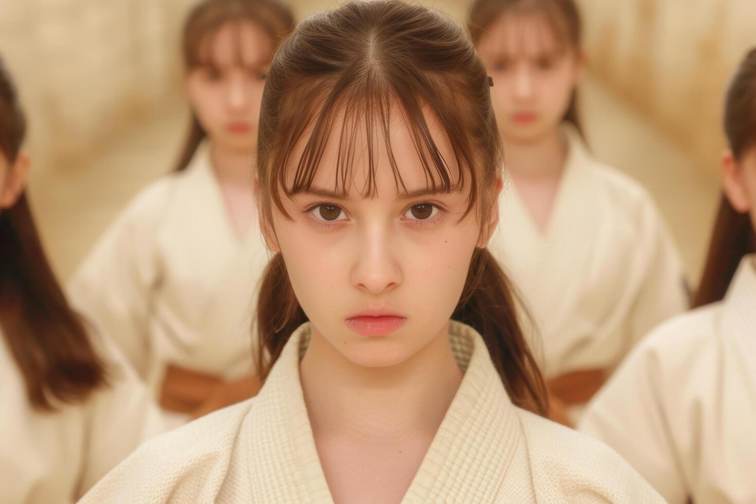 young girl in martial arts uniform with serious expression photo