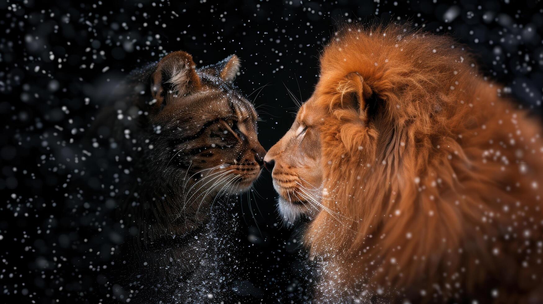 Majestic lion and fierce cat in the snow photo