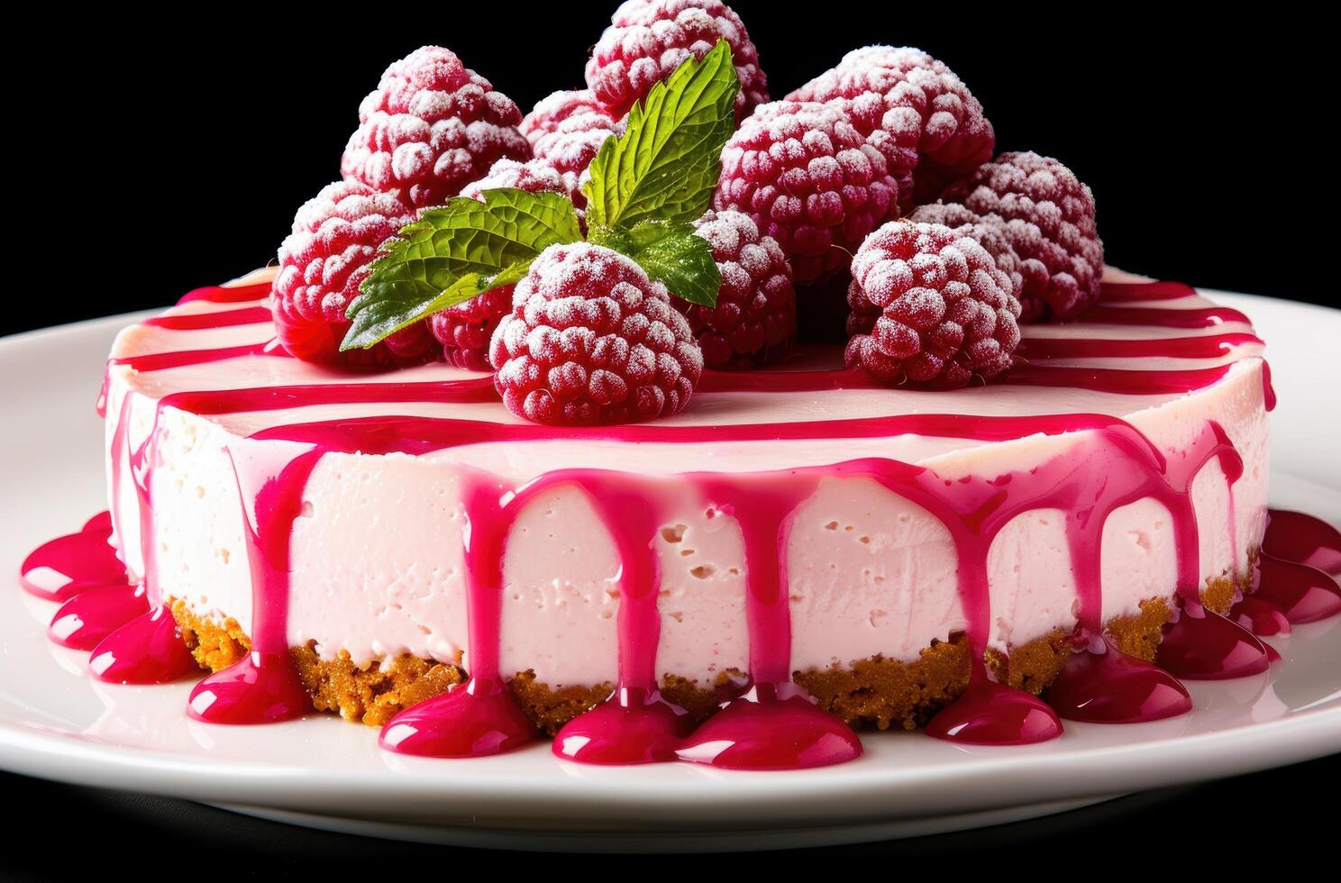 Delicious raspberry cheesecake with fresh raspberries photo