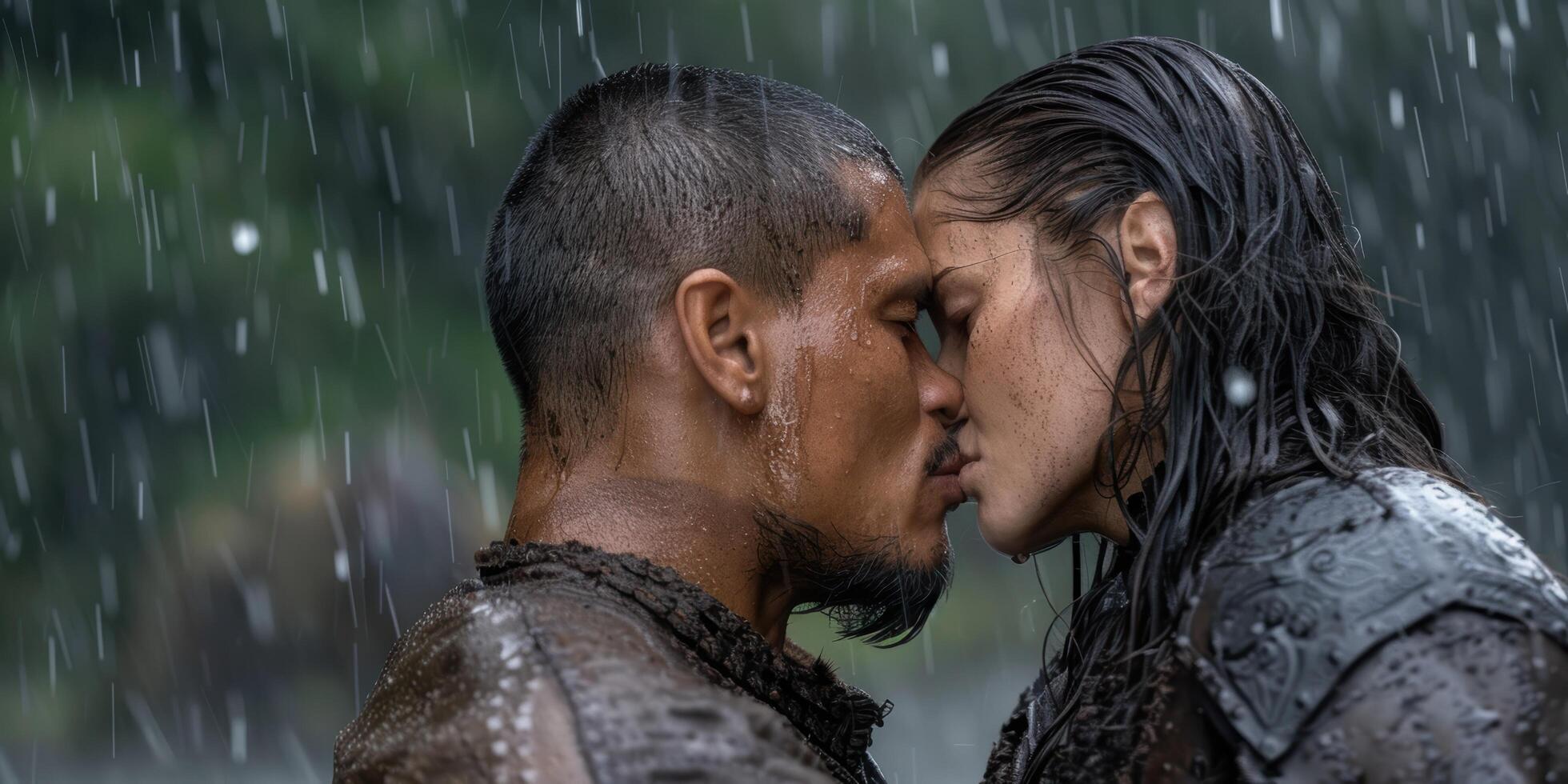 Passionate embrace in the rain photo